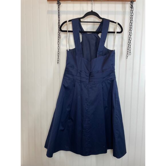 David’s Bridal Twist Y-Neck Halter Mini Fit & Flare Dress Pockets Navy Size 12 - Picture 4 of 9